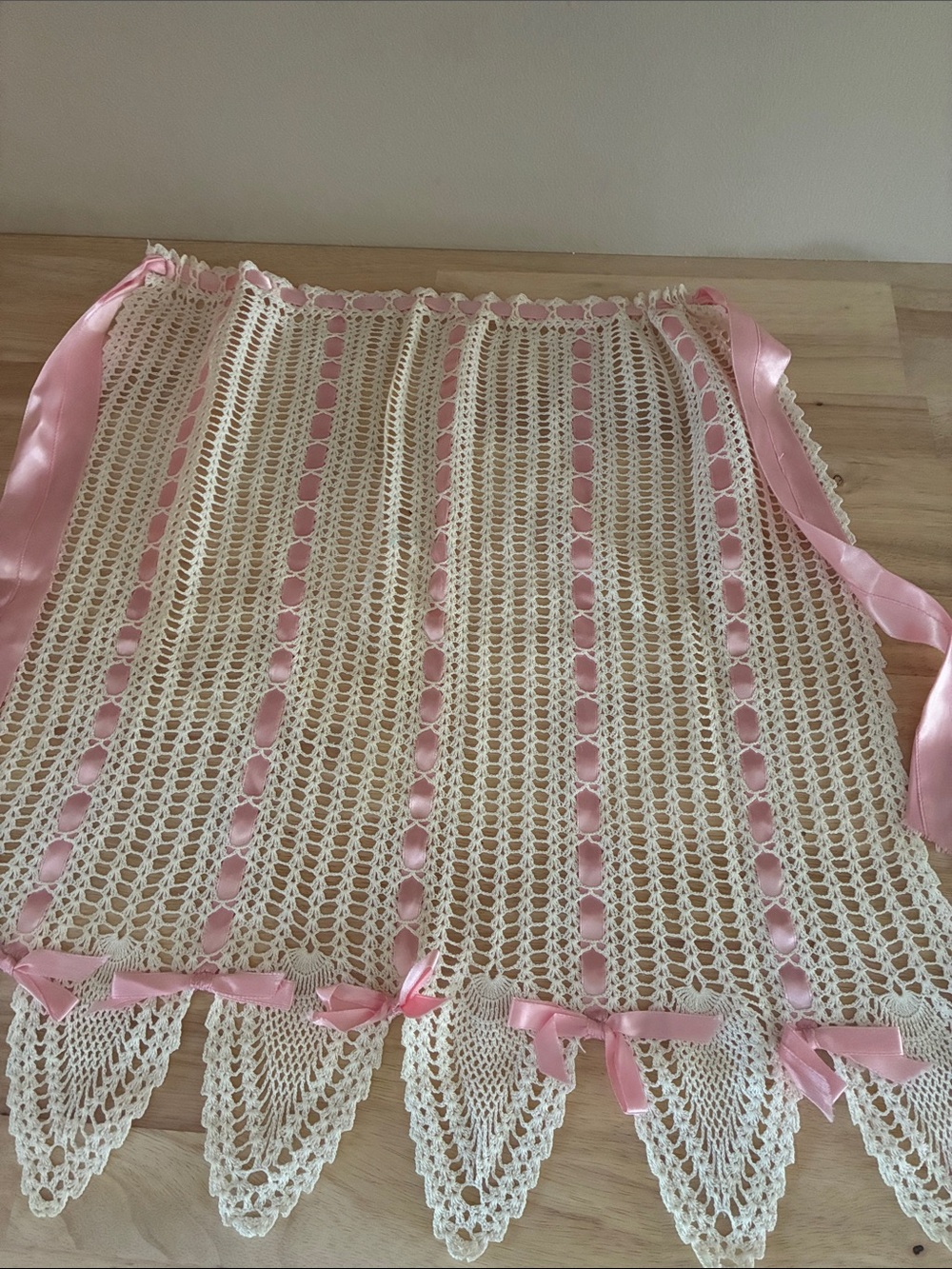 Vintage Handmade Crochet Apron with Pink Satin Ribbon